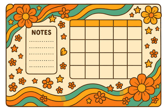 Groovy 70s retro weekly planner template. Printable A4 organizer for time management. Hippie style stationery with hand drawn flowers and stars. Schedule and notes sheet.