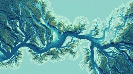 Abstract Digital Illustration of a Tree with Branching Structure and Leaf Details in Cool Blue Tones