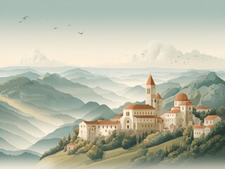 Serene mountain landscape with ancient church and rolling hills under a soft sky with flying birds