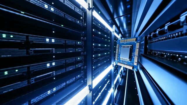 Advanced Microprocessor Unit Floating in a Modern Server Room with Blinking Data Racks - Powered by Adobe