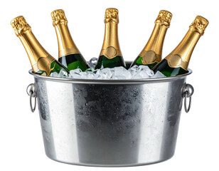 Five golden-necked bottles of bubbly chill in a silver ice bucket