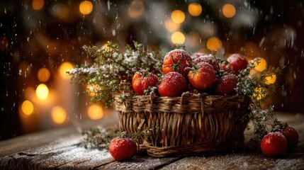 Snowy Red Tomatoes In Basket With Warm Lighting