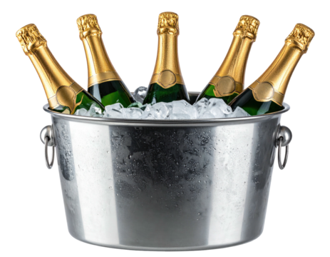 Five golden-necked bottles of bubbly chill in a silver ice bucket