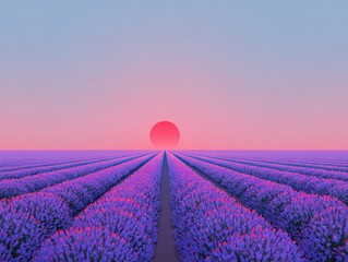 Vast Lavender Field at Sunset with Pink and Purple Sky and Radiant Red Sun