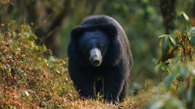 A sloth bear walking in the forest with dense vegetation and a natural habitat in the background