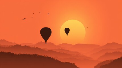 Sunset over Rolling Hills with Hot Air Balloons and Flying Birds