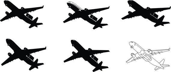 Airplane silhouette vector, passenger jet illustration, aviation graphic design, aircraft transport symbol, black and white flight icon, travel conceptAirplane 
