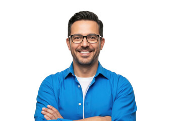 Smiling man with glasses wearing a blue shirt isolated on transparent background