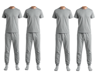 Four mannequins wear matching grey athletic wear, full shot, isolated