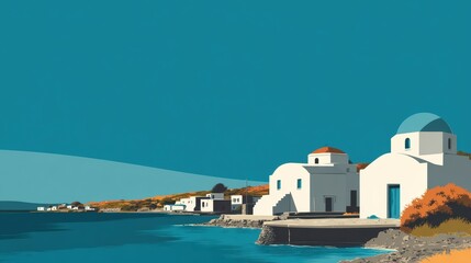 Idyllic Greek island with white-washed buildings and blue domes along the coastline
