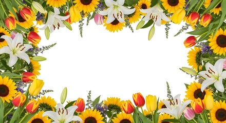 Floral frame with sunflowers lilies and tulips for wedding invitation design