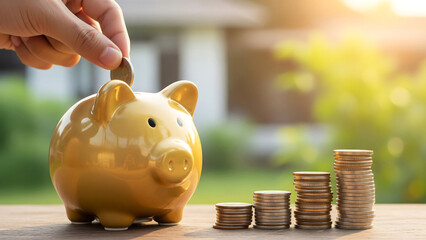 Hand inserting coin into piggy bank with growing money stacks