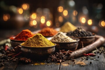 Assorted Spices In Bowls On Dark Wooden Table