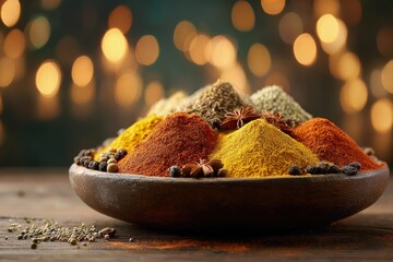 Colorful Spices In Bowl On Wooden Table
