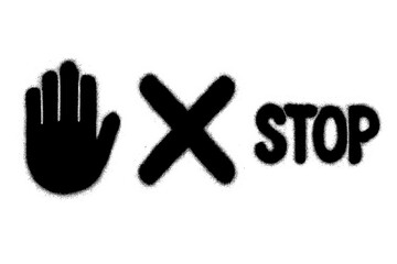 Fototapeta premium Stop sign graffiti vector set. Hand symbol, cross X mark, and word isolated. Spray paint stencil effect. Urban street art elements for warning, prohibition, or protest.