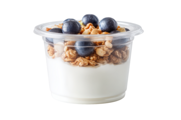 Healthy yogurt parfait with granola and fresh blueberries in a clear cup, isolated on transparent background