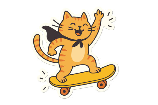 Cheerful orange cat superhero riding yellow skateboard waving paw celebrating success, cartoon funny animal character sticker design for greeting cards, posters, prints