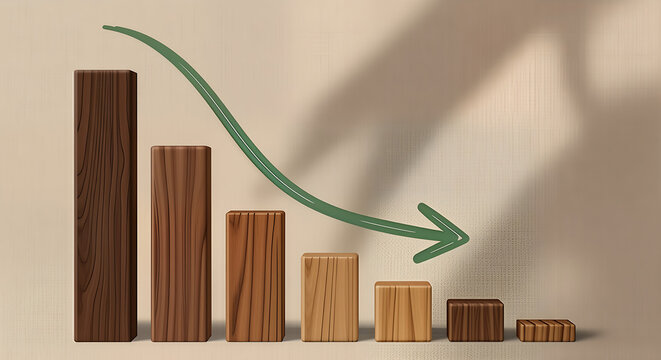 A minimalist bar graph made of wooden blocks of decreasing height, with a downward green arrow indicating a negative trend or decline.