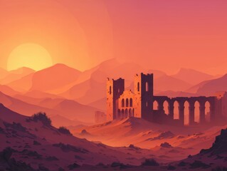 Sunset over ancient ruins with mountain landscape and vibrant orange sky