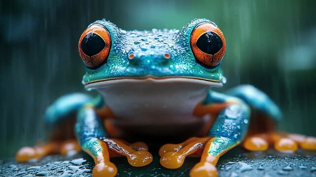 Vibrant Red Eyed Tree Frog Close Up in a Lush Rainforest.