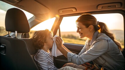 Car Stop: Mom Wiping Child’s Face in Sunlight. Family road trip break: mother wiping child’s face with wet wipe, sunlight streaming through car window.