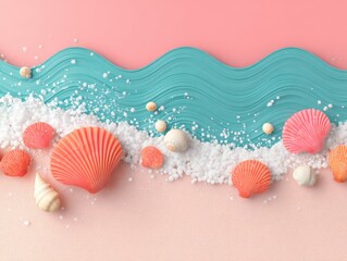 Colorful Sea Shells and Foam on Pink and Blue Background with Ocean Waves