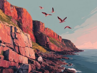Colorful Cliffs by the Sea with Seagulls Flying during Sunset Sky