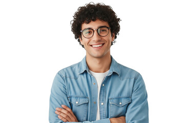 Young man with curly hair and glasses smiling isolated on transparent background