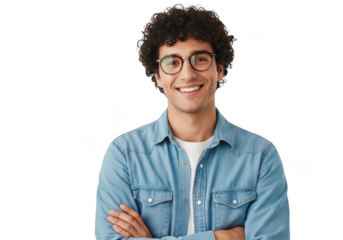 Young man with curly hair and glasses smiling isolated on transparent background