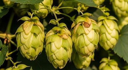 Fototapeta premium Close-up of fresh green hops growing on the vine, ready for harvest.