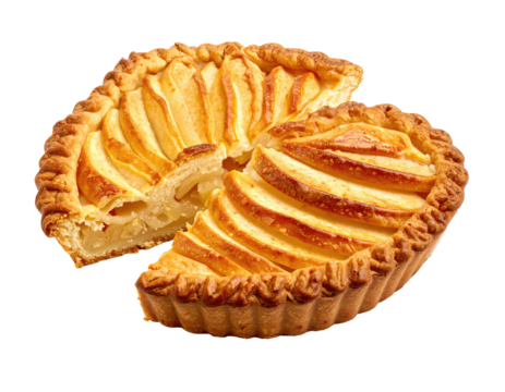Golden apple tart, sliced, with fresh apple slices and a golden crust
