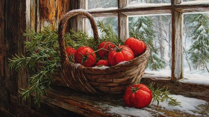 Rustic Basket Of Tomatoes In Snow