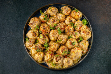Top view of lazy manti dumplings with meat
