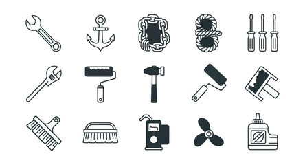 Obraz premium Collection of various tools and equipment icons on black background