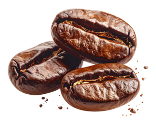Three roasted coffee beans, close-up, isolated, with scattered small particles