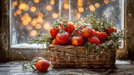 Snowy Winter Tomatoes In Basket By Window