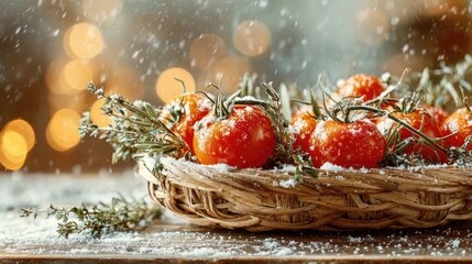 Snowy Basket Of Tomatoes And Herbs