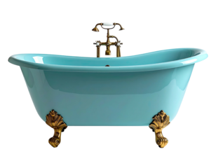 Light blue antique clawfoot tub with gold fixtures on transparent background