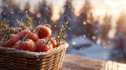Snowy Basket Of Tomatoes At Sunset