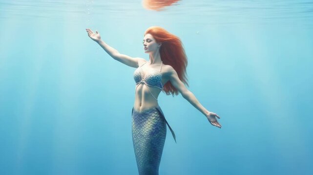 graceful mermaid with flowing red hair floats underwater wearing pearl-adorned seashell top and an iridescent blue-green tail with light rays and bubbles