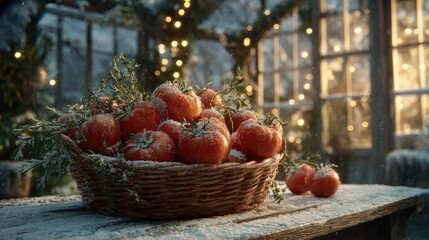 Basket Of Oranges In Snow Winter Garden