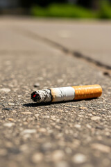 Discarded cigarette butt on paved ground
