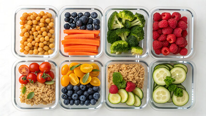 Eight glass meal prep containers filled with colorful fresh fruits vegetables and grains
