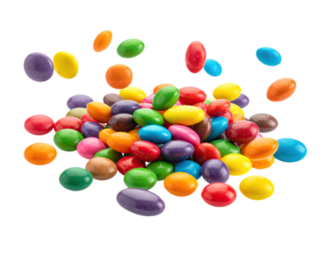 A pile of colorful candies, some mid-air, on a black background