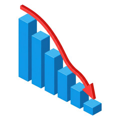 Bar chart with red arrow indicating downward trend isolated on transparent background