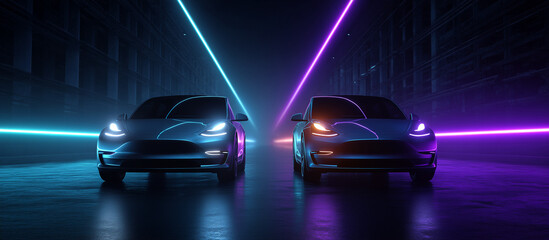 Futuristic electric cars driving through a neon lit city street at night
