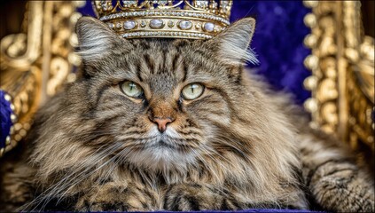 Regal feline, wearing a crown, rests on a plush throne.