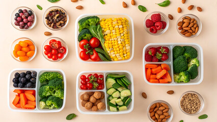 Healthy meal prep containers filled with fresh fruits vegetables nuts and grains