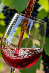 Red wine pouring into a glass with grapes