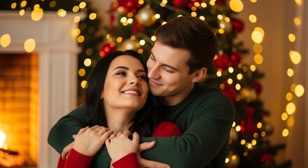 Romantic christmas couple hugging by fireplace and christmas tree decoration